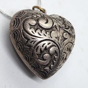 HUGE Puffy Heart Pendant Necklace Silver Plate Etched Scroll Design Love Gift